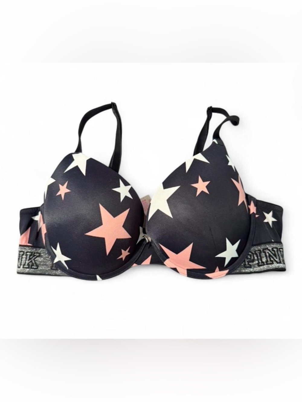 PINK Victoria's Secret Black Star Print T-Shirt Bra with Pink & White Stars